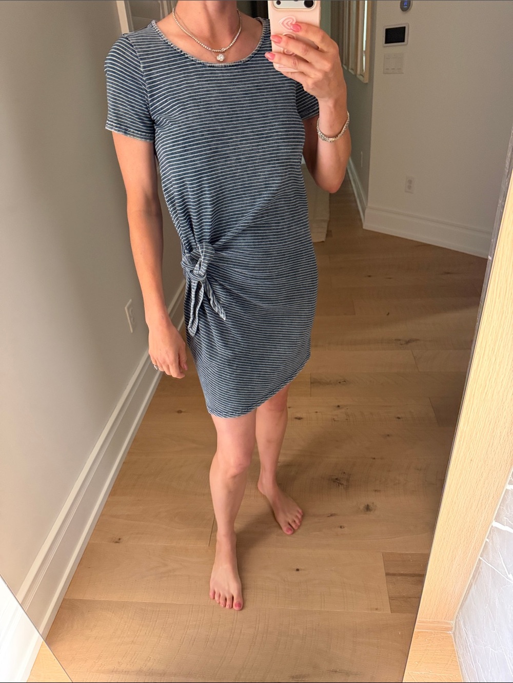 Striped Knot-Side T-Shirt Dress in Blue and White
